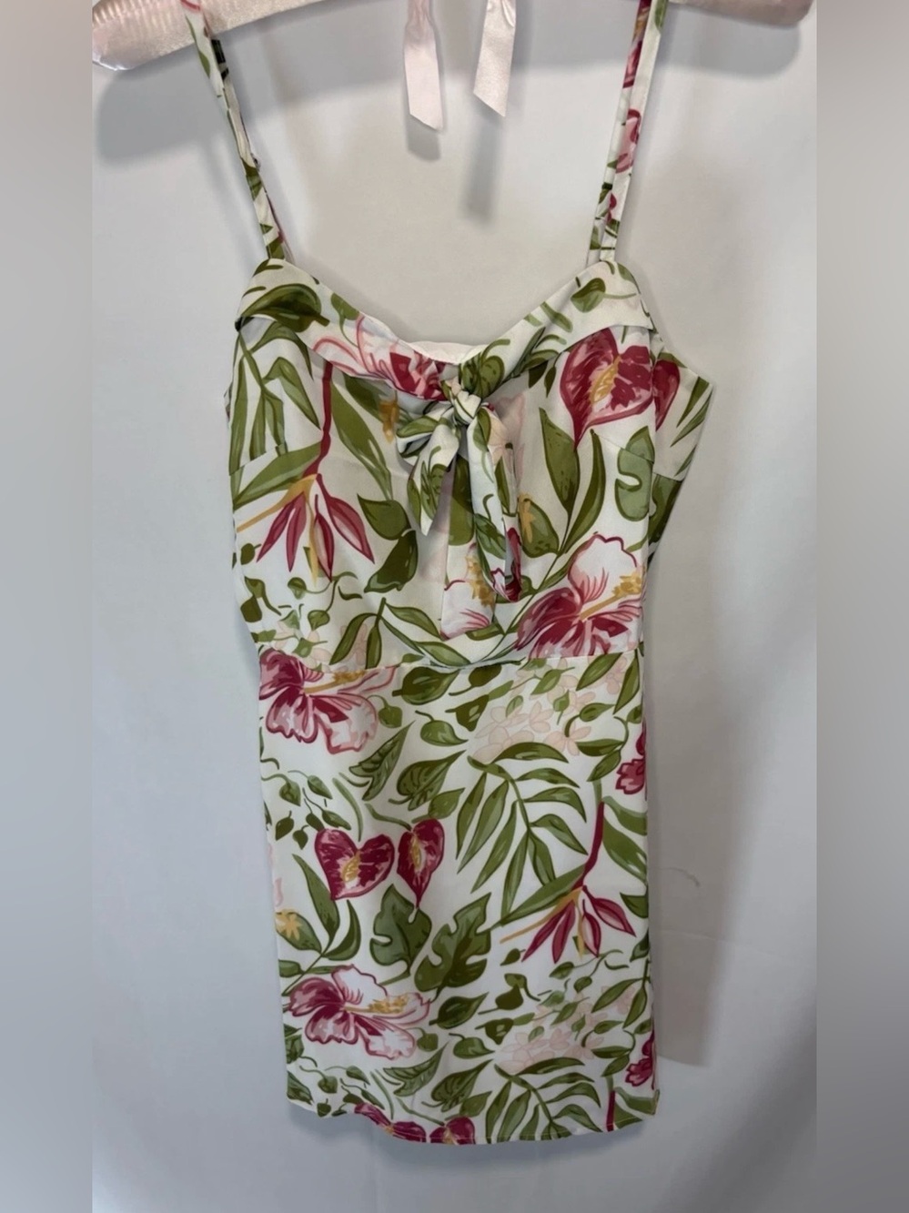 Commense NWT Women's Tropical Bow Tie Slip Dress Square Neck Green Pink Small